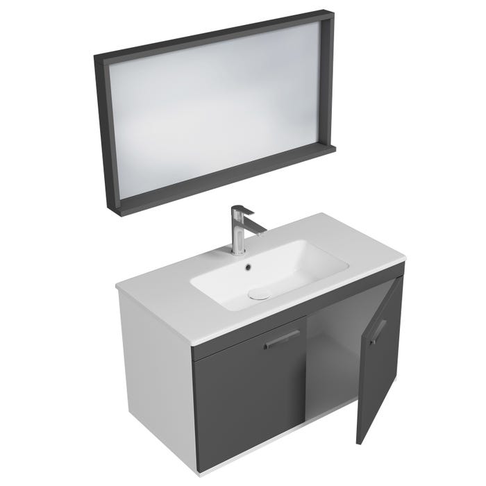 RUBITE Meuble salle de bain simple vasque 2 portes gris anthracite largeur 90 cm + miroir cadre 1