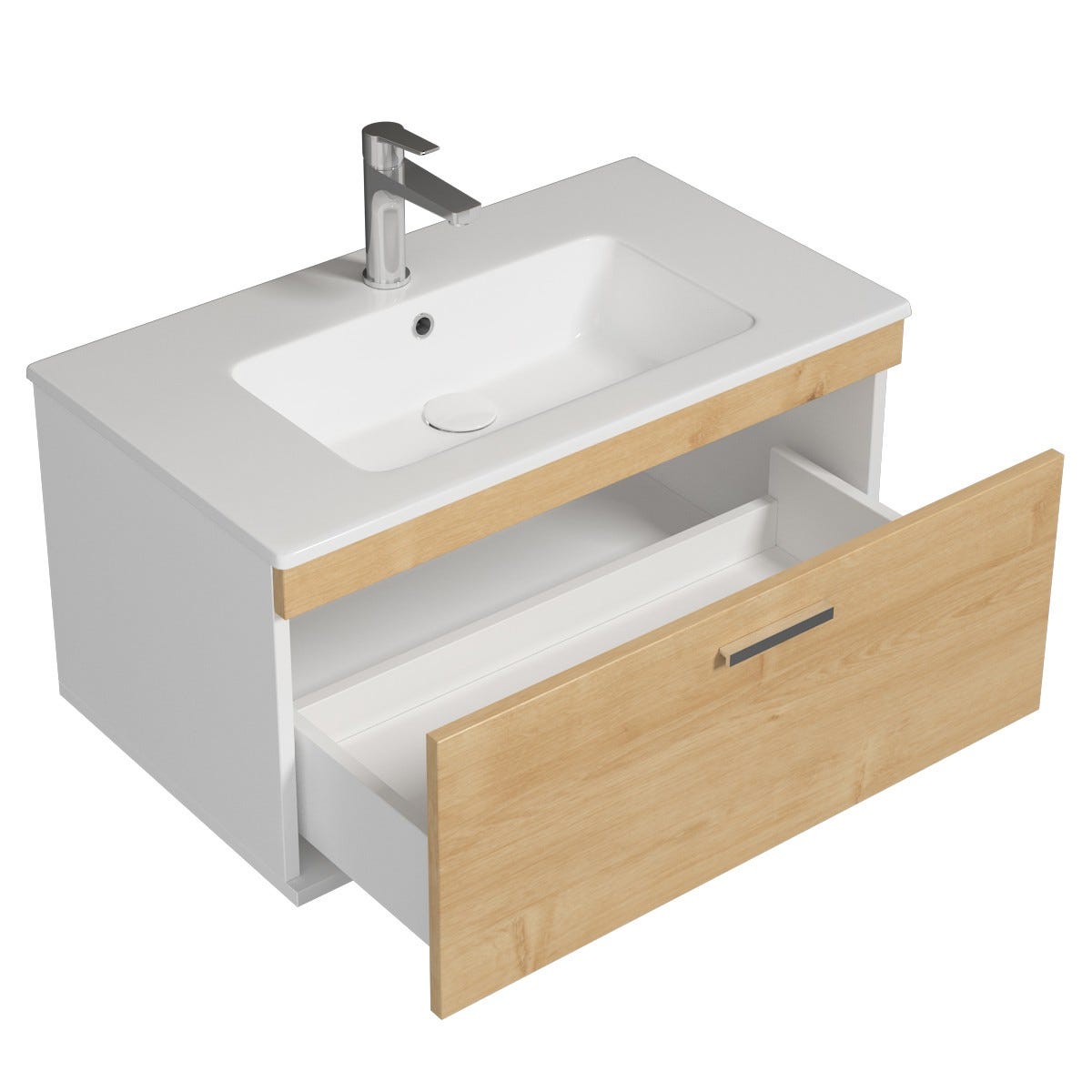 RUBITE Meuble salle de bain simple vasque 1 tiroir chêne clair largeur 80 cm 1