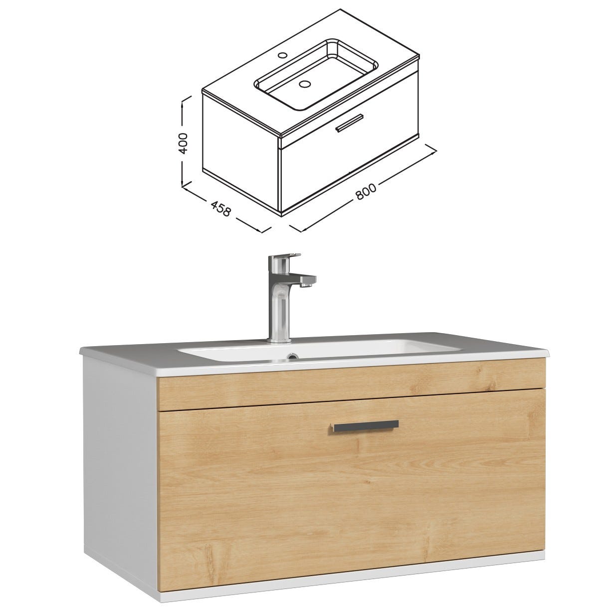 RUBITE Meuble salle de bain simple vasque 1 tiroir chêne clair largeur 80 cm 2