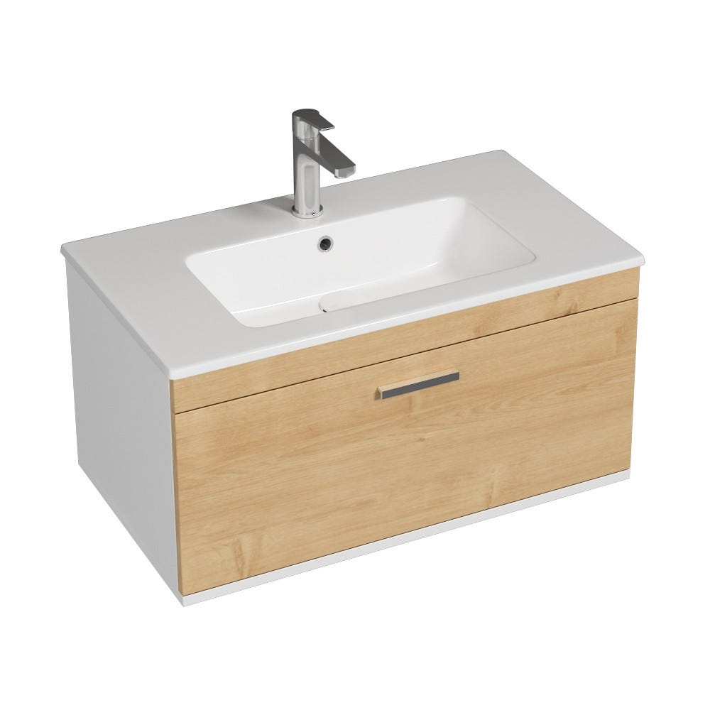 RUBITE Meuble salle de bain simple vasque 1 tiroir chêne clair largeur 80 cm 0