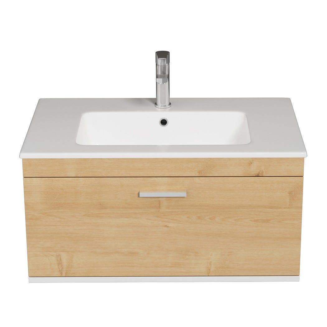 RUBITE Meuble salle de bain simple vasque 1 tiroir chêne clair largeur 80 cm 3
