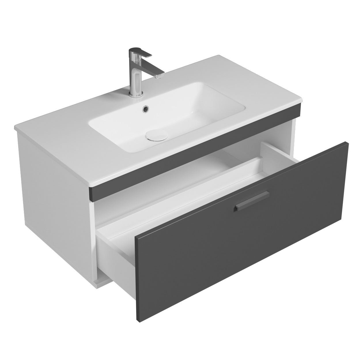 RUBITE Meuble salle de bain simple vasque 1 tiroir gris anthracite largeur 90 cm 1