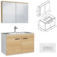 RUBITE Meuble salle de bain simple vasque 2 portes chêne clair largeur 80 cm + miroir armoire 2