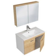 RUBITE Meuble salle de bain simple vasque 2 portes chêne clair largeur 80 cm + miroir armoire 1