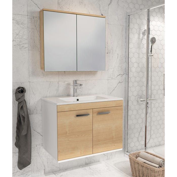 RUBITE Meuble salle de bain simple vasque 2 portes chêne clair largeur 80 cm + miroir armoire 4