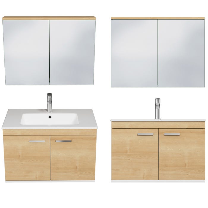RUBITE Meuble salle de bain simple vasque 2 portes chêne clair largeur 80 cm + miroir armoire 3
