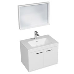 RUBITE Meuble salle de bain simple vasque 2 portes blanc largeur 70 cm + miroir cadre 0