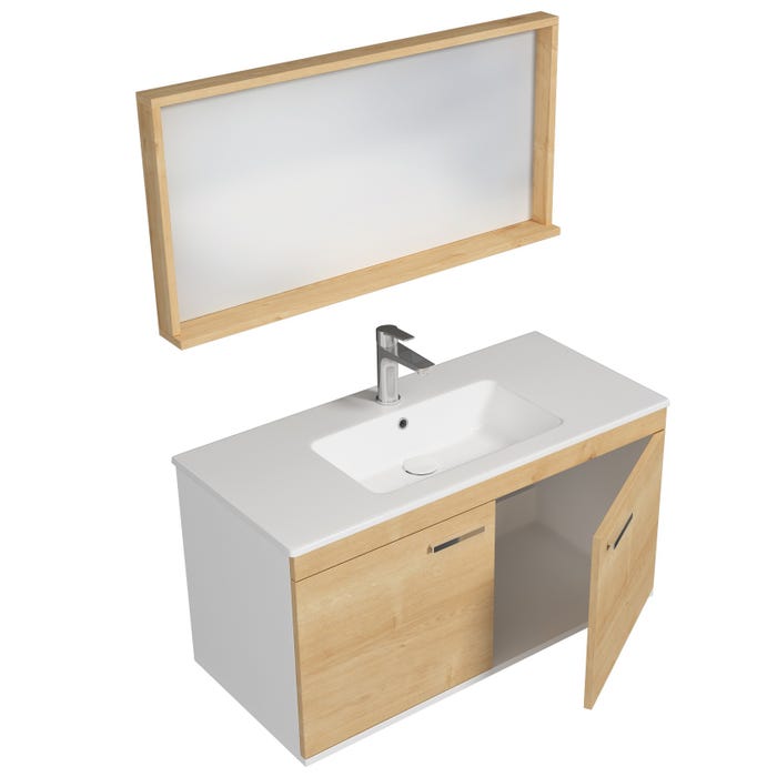 RUBITE Meuble salle de bain simple vasque 2 portes chêne clair largeur 100 cm + miroir cadre 1