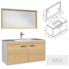 RUBITE Meuble salle de bain simple vasque 2 portes chêne clair largeur 100 cm + miroir cadre 2