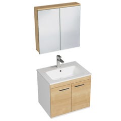 RUBITE Meuble salle de bain simple vasque 2 portes chêne clair largeur 60 cm + miroir armoire 0