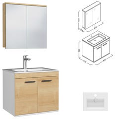 RUBITE Meuble salle de bain simple vasque 2 portes chêne clair largeur 60 cm + miroir armoire 2