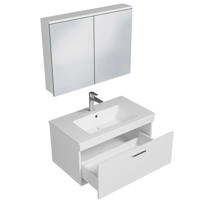 RUBITE Meuble salle de bain simple vasque 1 tiroir blanc largeur 80 cm + miroir armoire 1
