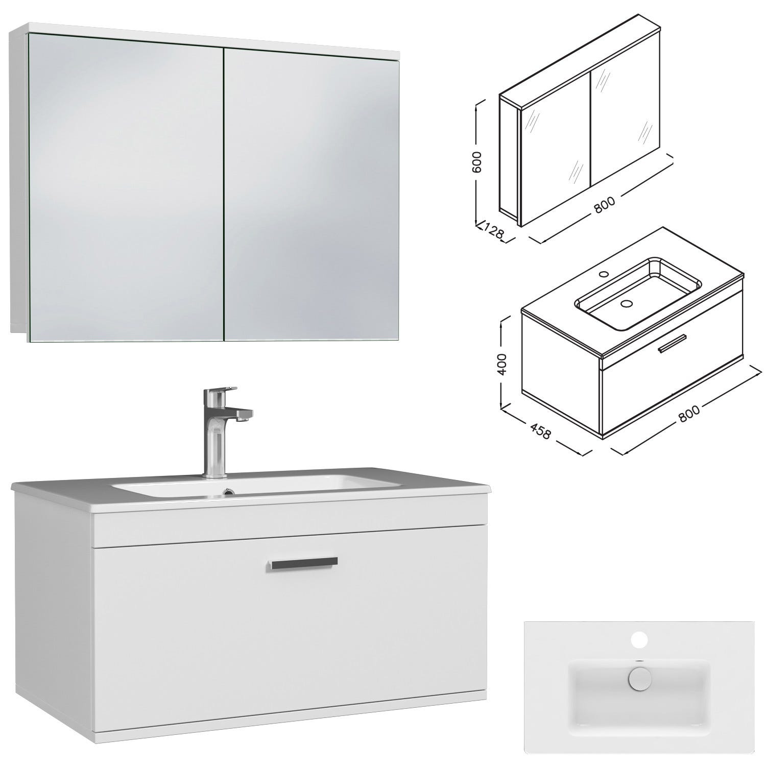 RUBITE Meuble salle de bain simple vasque 1 tiroir blanc largeur 80 cm + miroir armoire 2