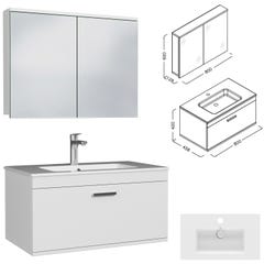 RUBITE Meuble salle de bain simple vasque 1 tiroir blanc largeur 80 cm + miroir armoire 2