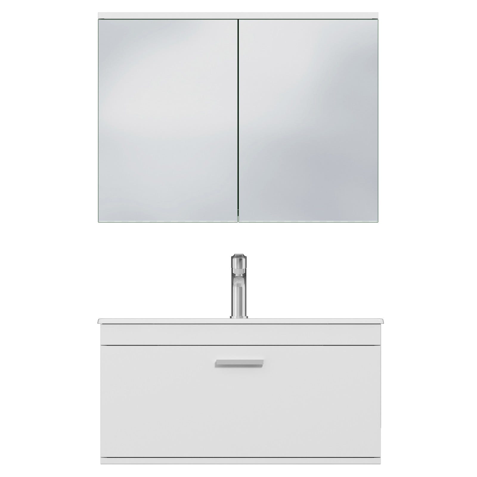 RUBITE Meuble salle de bain simple vasque 1 tiroir blanc largeur 80 cm + miroir armoire 4