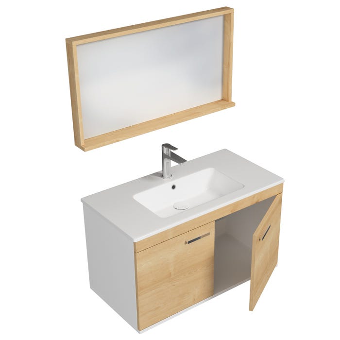 RUBITE Meuble salle de bain simple vasque 2 portes chêne clair largeur 90 cm + miroir cadre 1