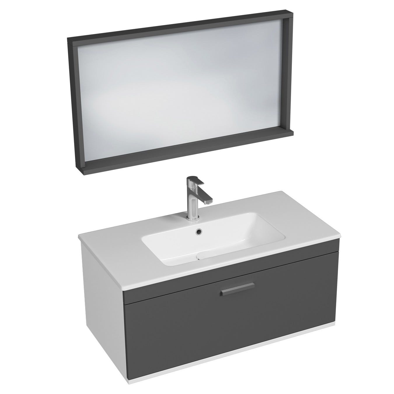 RUBITE Meuble salle de bain simple vasque 1 tiroir gris anthracite largeur 90 cm + miroir cadre 0