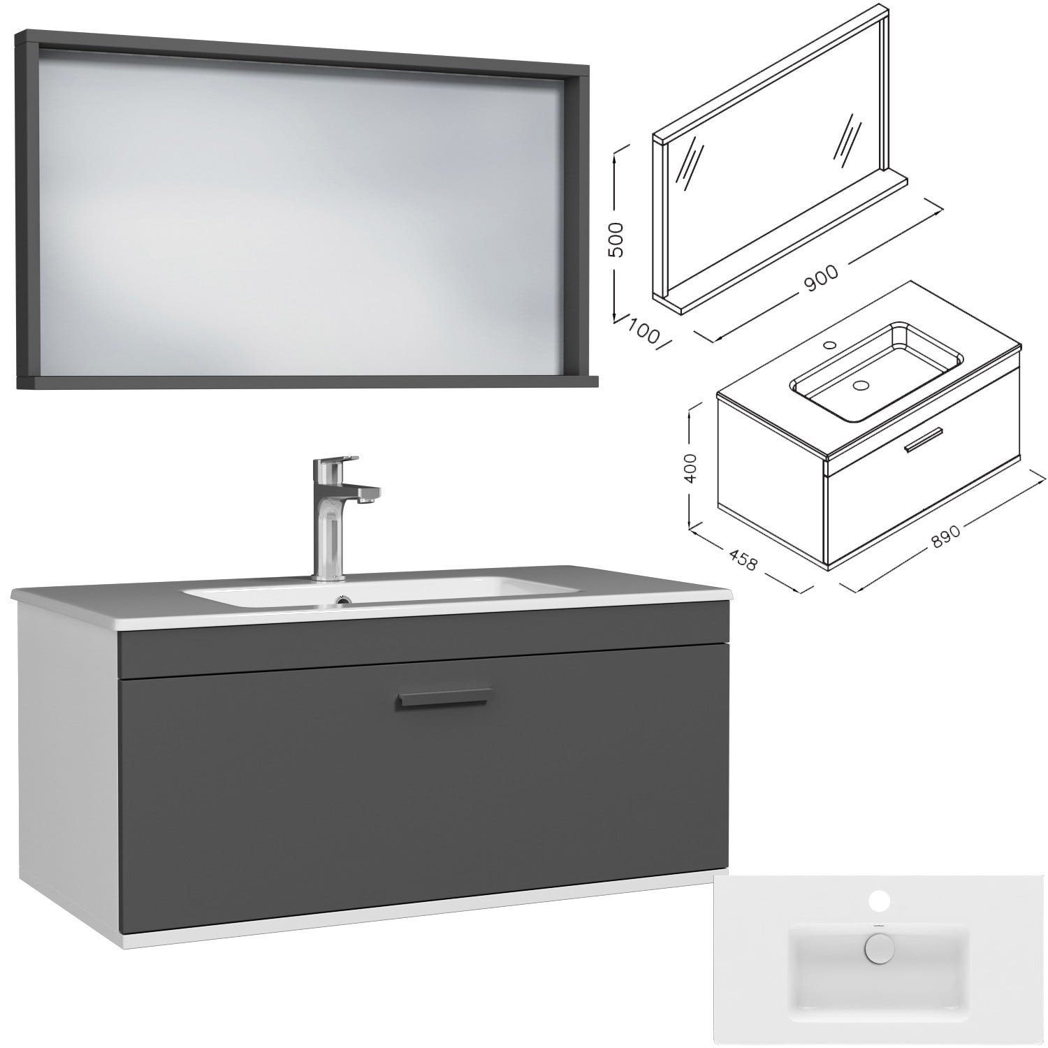 RUBITE Meuble salle de bain simple vasque 1 tiroir gris anthracite largeur 90 cm + miroir cadre 2