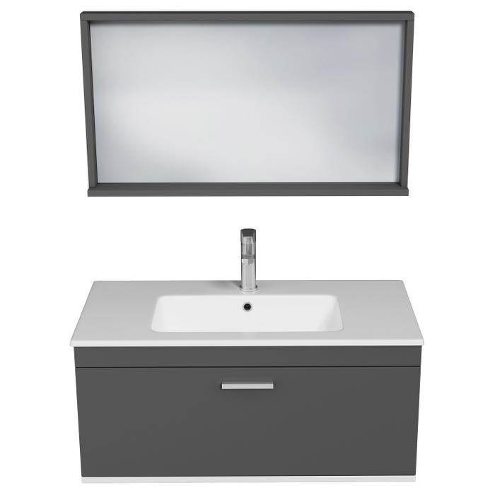 RUBITE Meuble salle de bain simple vasque 1 tiroir gris anthracite largeur 90 cm + miroir cadre 3