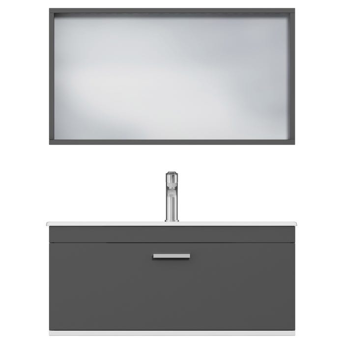 RUBITE Meuble salle de bain simple vasque 1 tiroir gris anthracite largeur 90 cm + miroir cadre 4