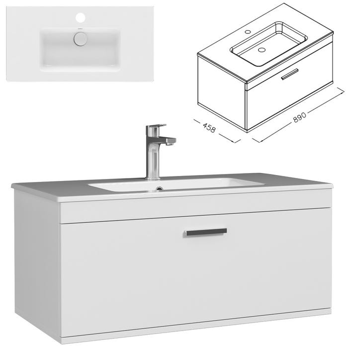 RUBITE Meuble salle de bain simple vasque 1 tiroir blanc largeur 90 cm 2