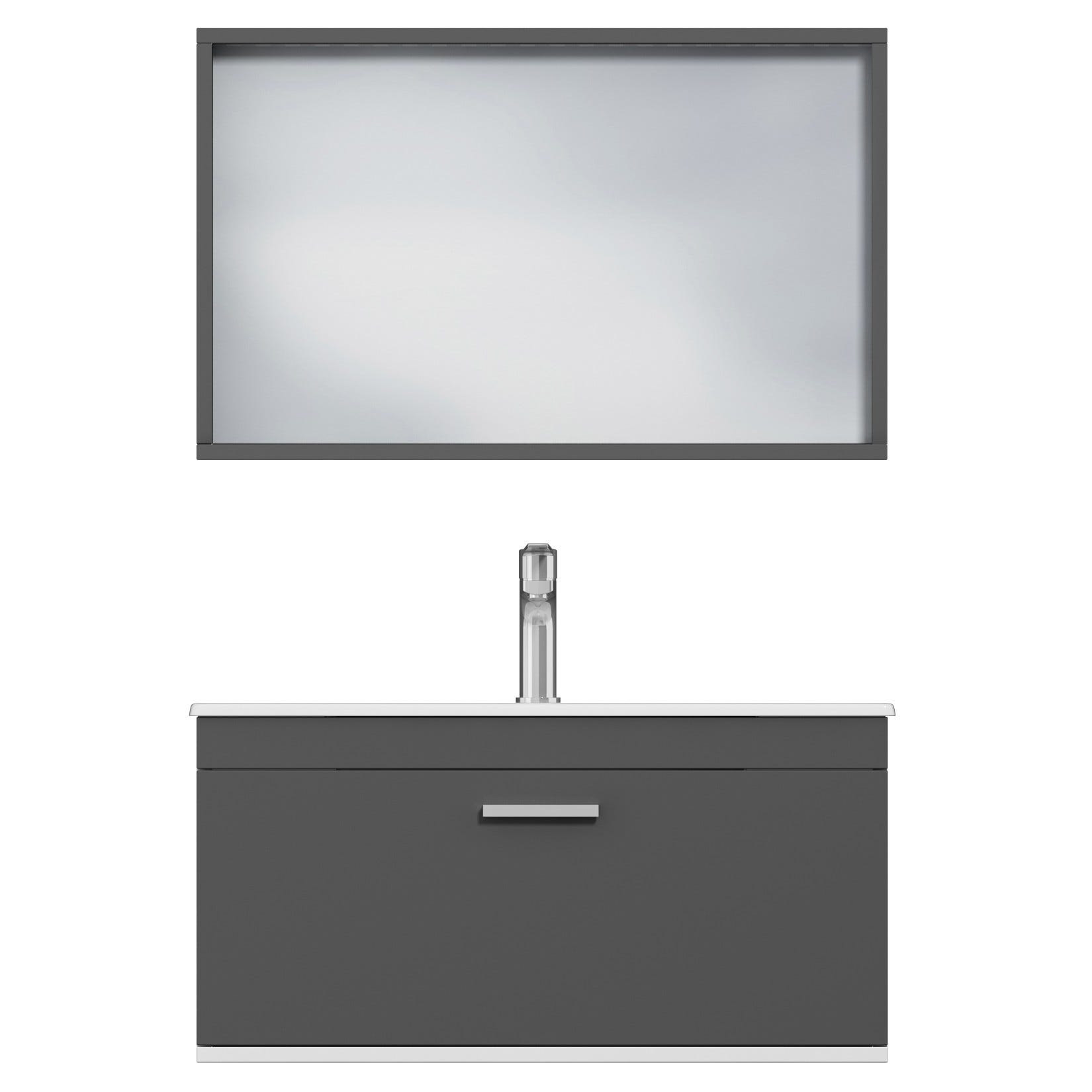 RUBITE Meuble salle de bain simple vasque 1 tiroir gris anthracite largeur 80 cm + miroir cadre 4