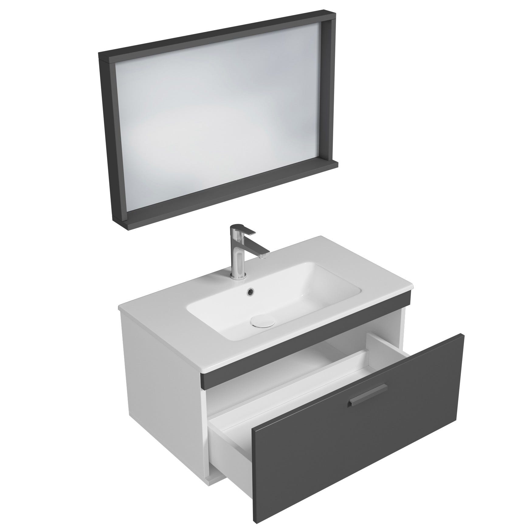RUBITE Meuble salle de bain simple vasque 1 tiroir gris anthracite largeur 80 cm + miroir cadre 1