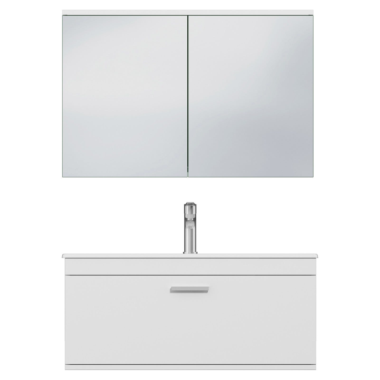 RUBITE Meuble salle de bain simple vasque 1 tiroir blanc largeur 100 cm + miroir armoire 4