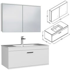 RUBITE Meuble salle de bain simple vasque 1 tiroir blanc largeur 100 cm + miroir armoire 2