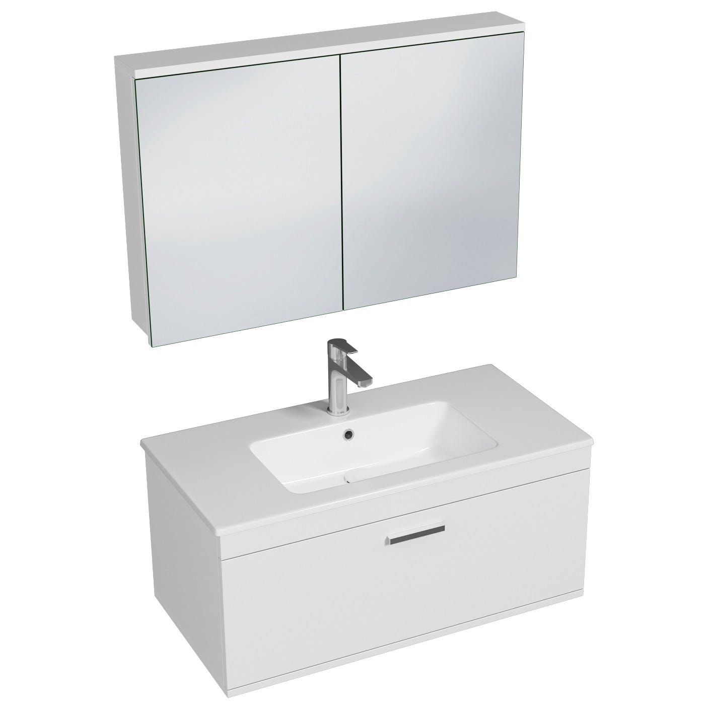 RUBITE Meuble salle de bain simple vasque 1 tiroir blanc largeur 100 cm + miroir armoire 0