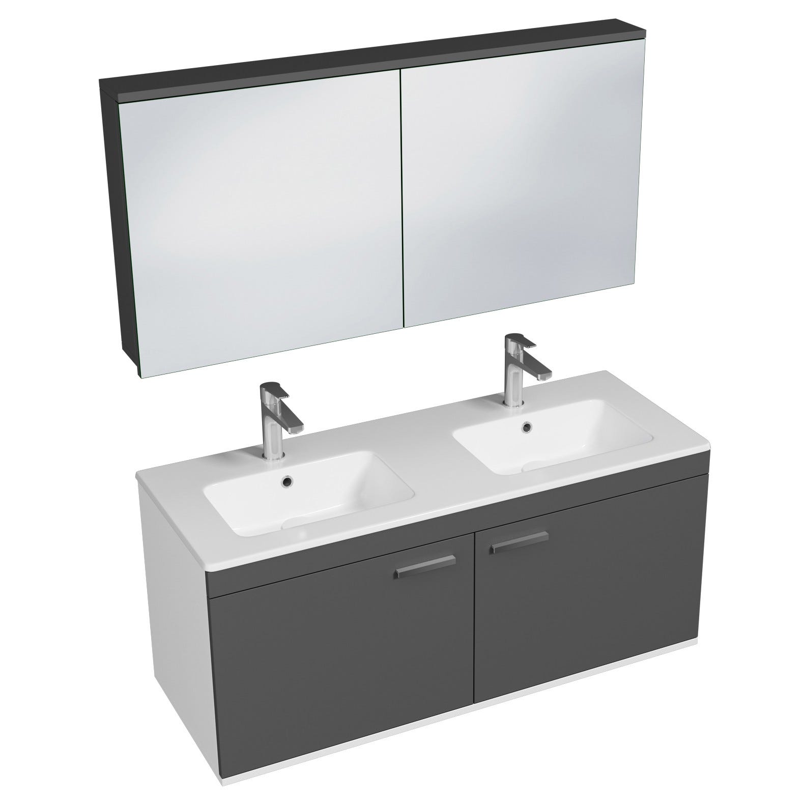 RUBITE Meuble salle de bain double vasque 2 portes gris anthracite largeur 120 cm + miroir armoire 0