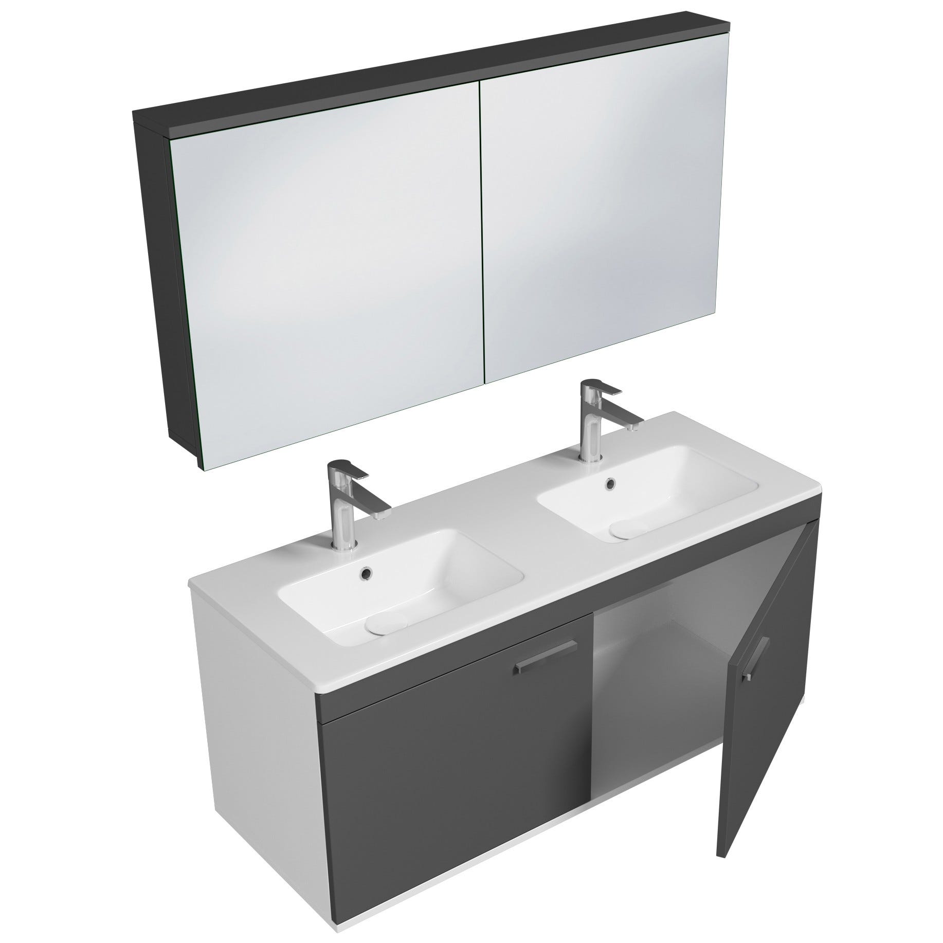 RUBITE Meuble salle de bain double vasque 2 portes gris anthracite largeur 120 cm + miroir armoire 1