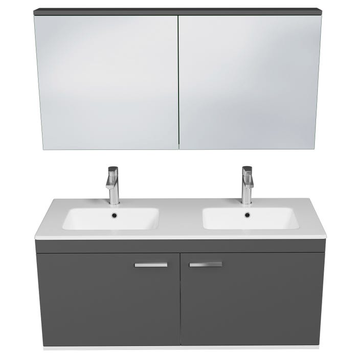 RUBITE Meuble salle de bain double vasque 2 portes gris anthracite largeur 120 cm + miroir armoire 3