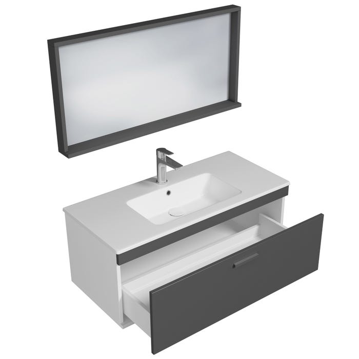 RUBITE Meuble salle de bain simple vasque 1 tiroir gris anthracite largeur 100 cm + miroir cadre 1