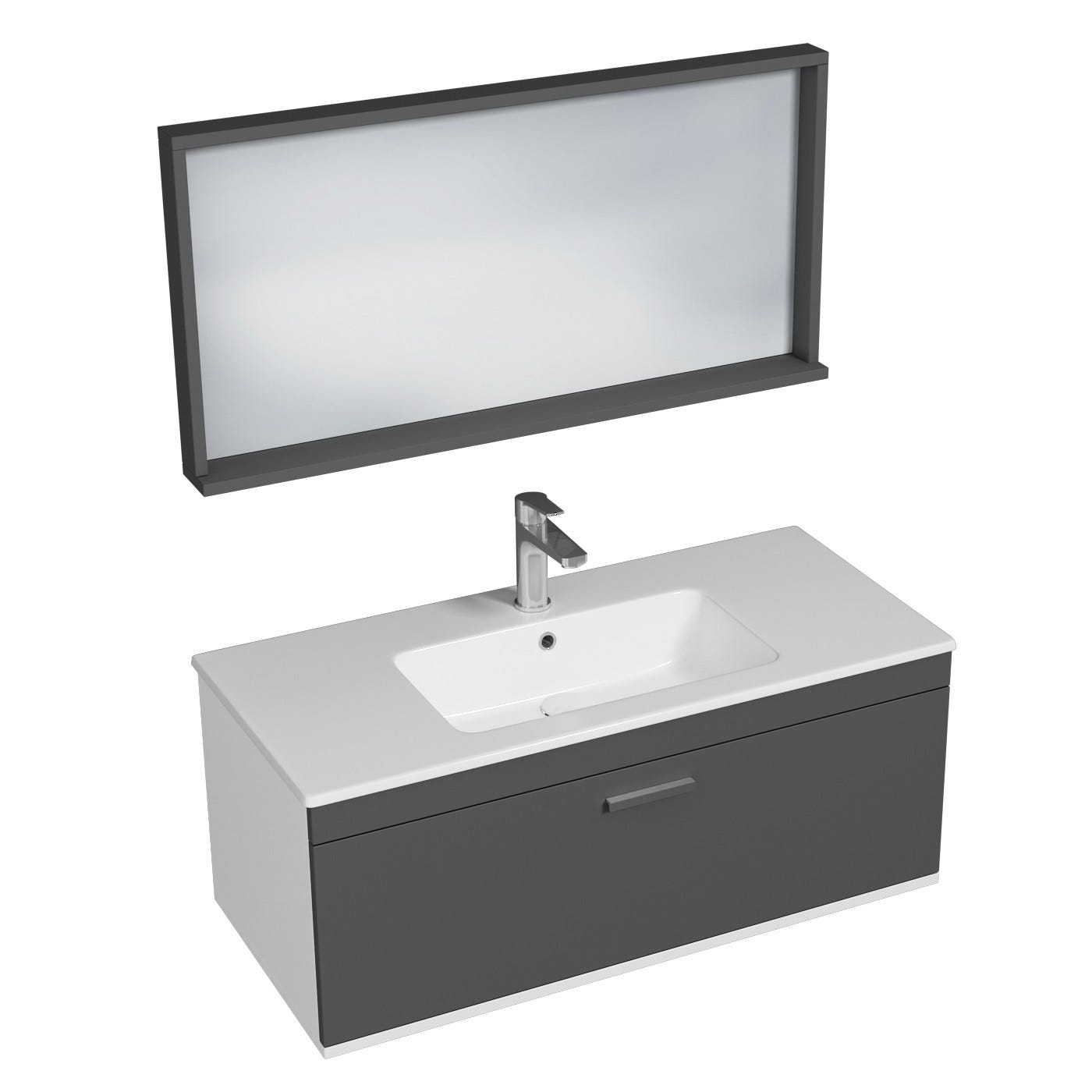 RUBITE Meuble salle de bain simple vasque 1 tiroir gris anthracite largeur 100 cm + miroir cadre 0