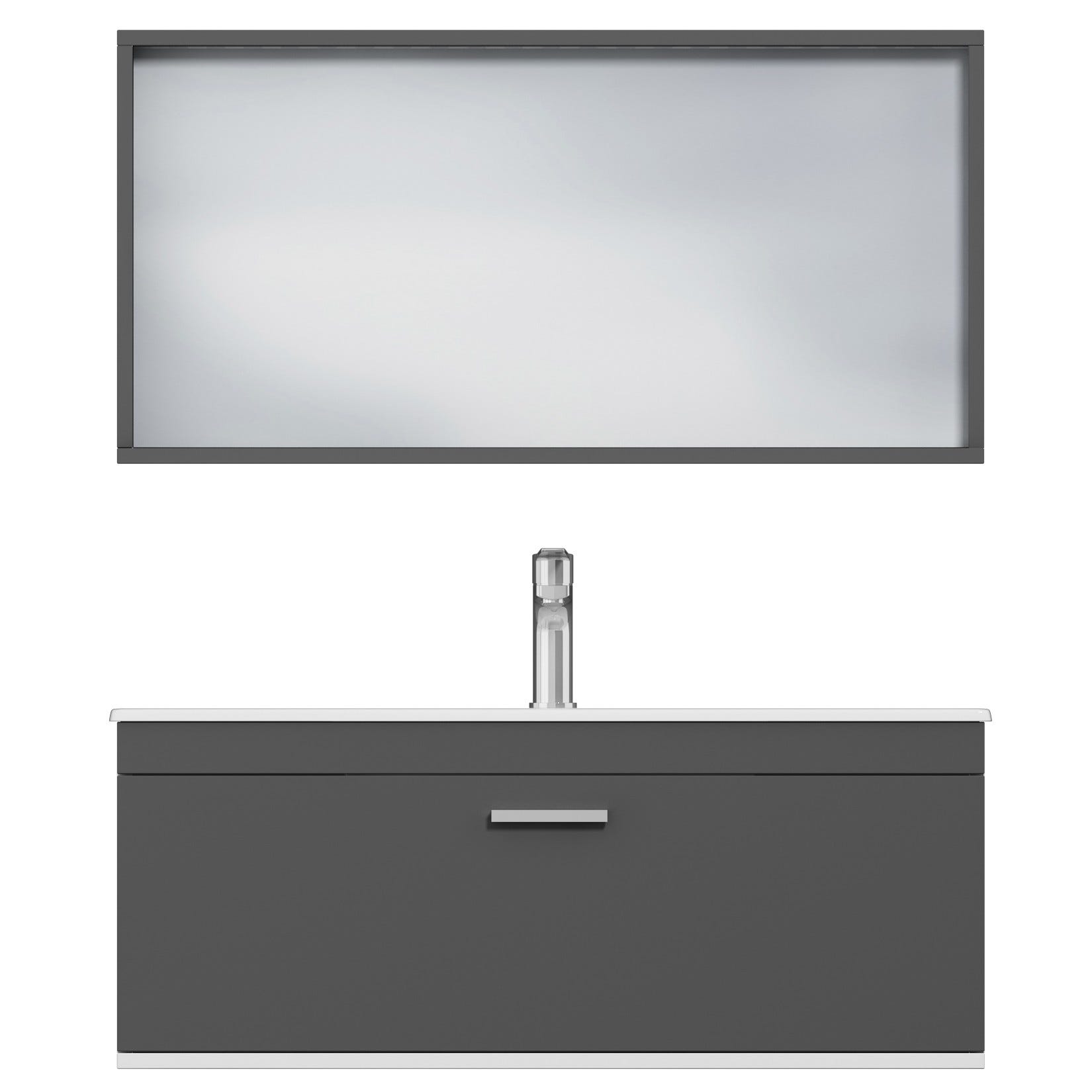 RUBITE Meuble salle de bain simple vasque 1 tiroir gris anthracite largeur 100 cm + miroir cadre 4