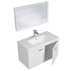 RUBITE Meuble salle de bain simple vasque 2 portes blanc largeur 90 cm + miroir cadre 1
