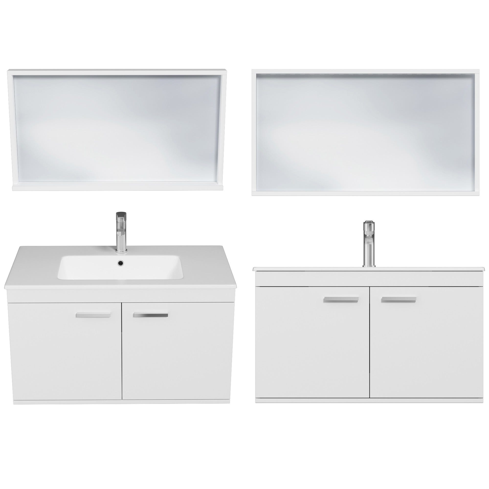 RUBITE Meuble salle de bain simple vasque 2 portes blanc largeur 90 cm + miroir cadre 3