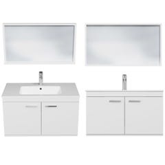 RUBITE Meuble salle de bain simple vasque 2 portes blanc largeur 90 cm + miroir cadre 3