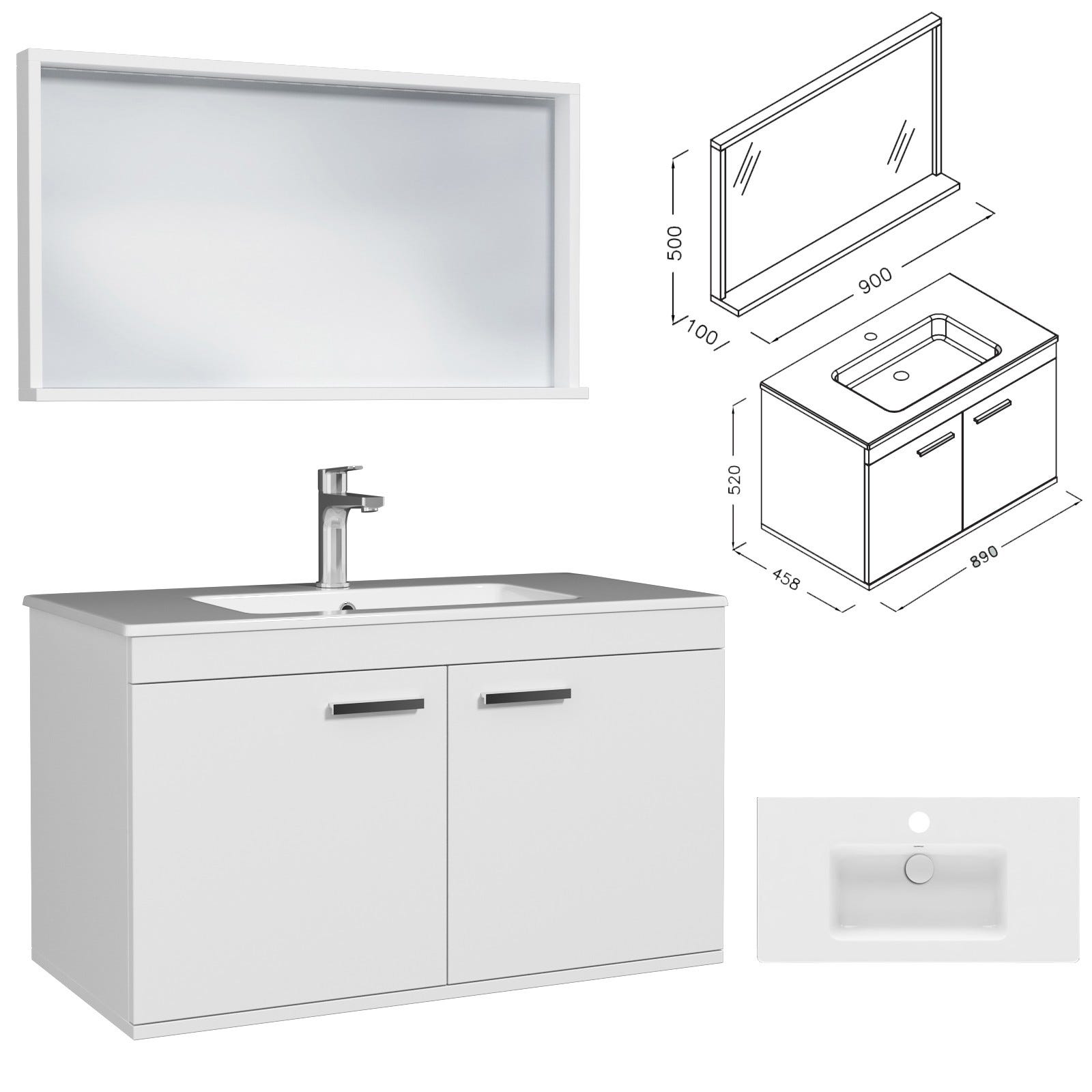 RUBITE Meuble salle de bain simple vasque 2 portes blanc largeur 90 cm + miroir cadre 2
