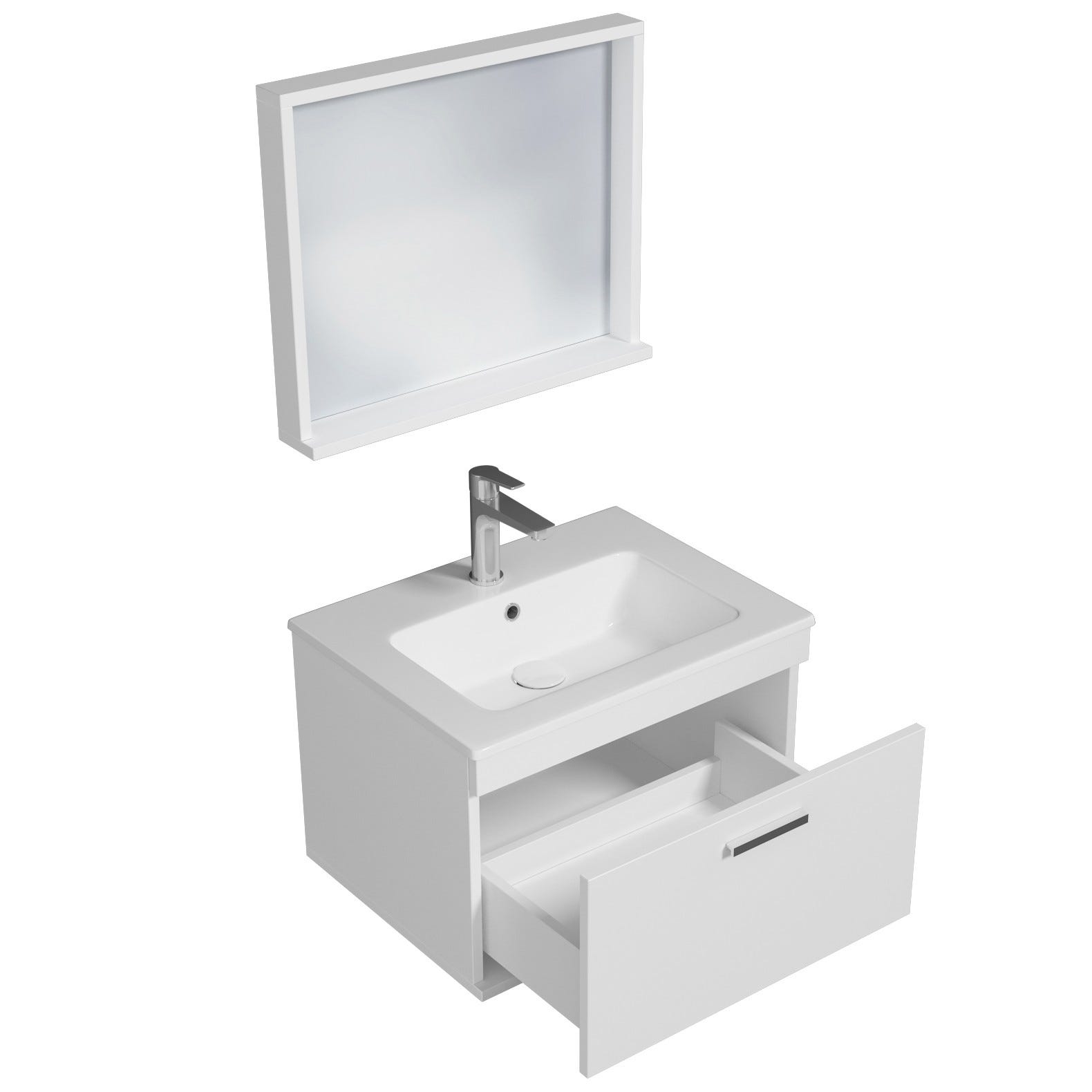 RUBITE Meuble salle de bain simple vasque 1 tiroir blanc largeur 60 cm + miroir cadre 1