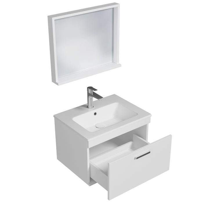 RUBITE Meuble salle de bain simple vasque 1 tiroir blanc largeur 60 cm + miroir cadre 1