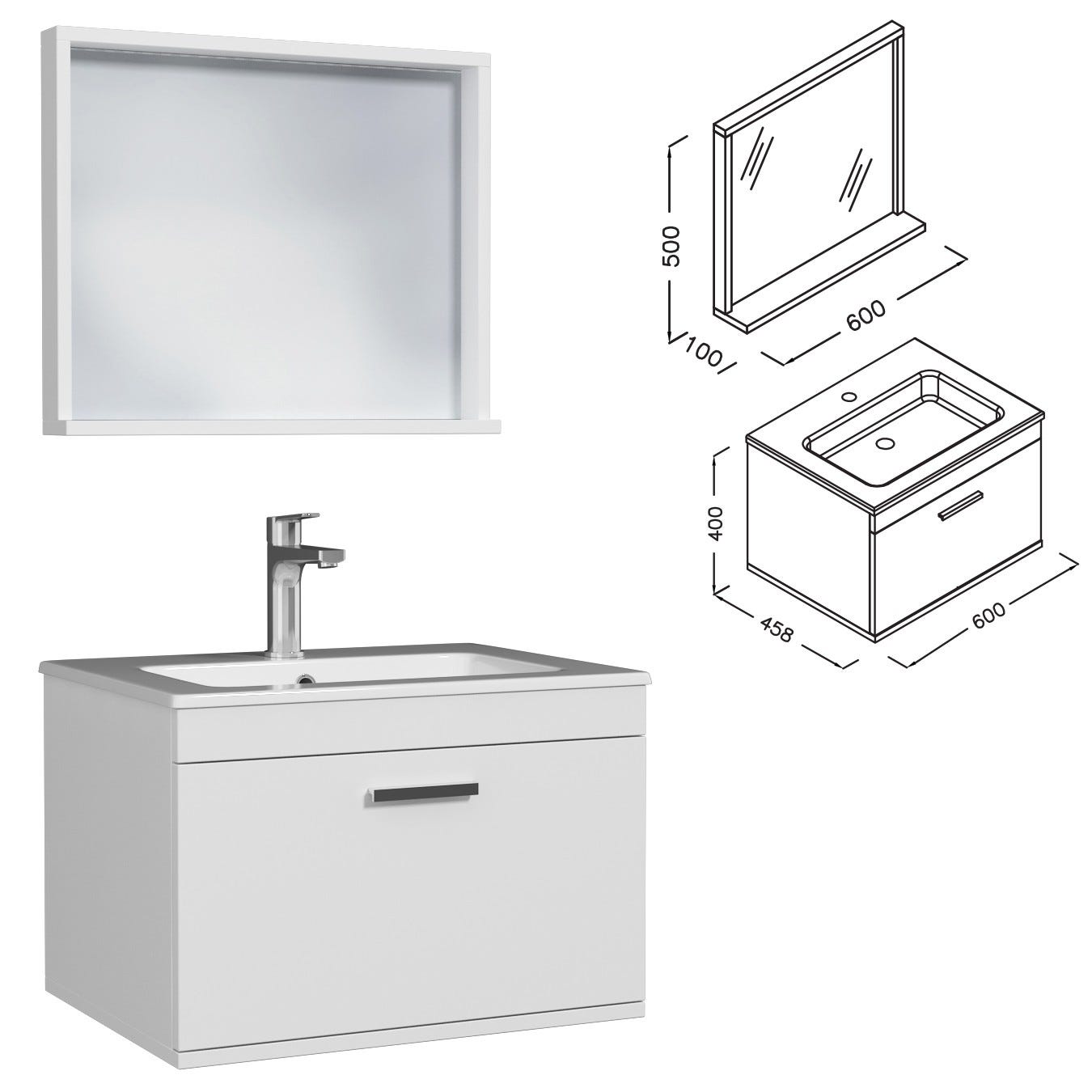 RUBITE Meuble salle de bain simple vasque 1 tiroir blanc largeur 60 cm + miroir cadre 2
