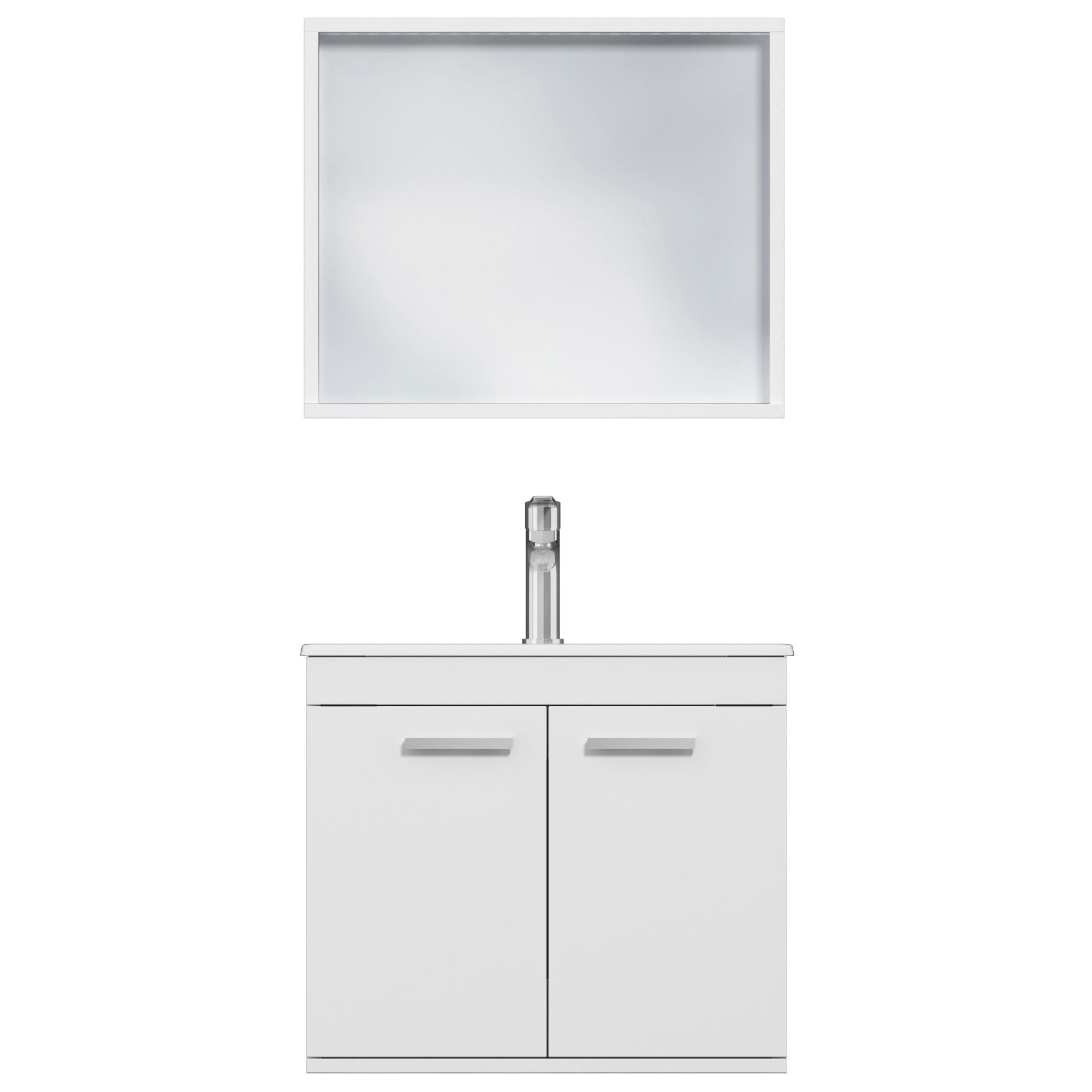 RUBITE Meuble salle de bain simple vasque 2 portes blanc largeur 60 cm + miroir cadre 4
