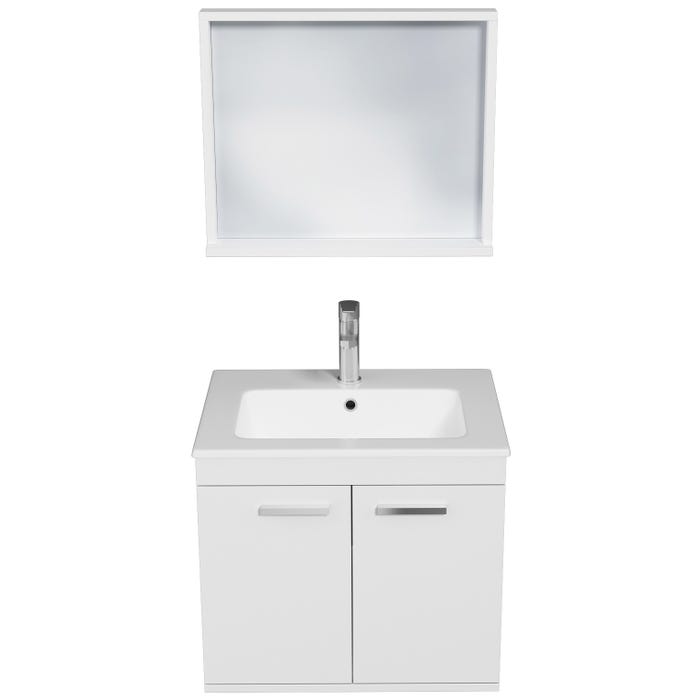 RUBITE Meuble salle de bain simple vasque 2 portes blanc largeur 60 cm + miroir cadre 3