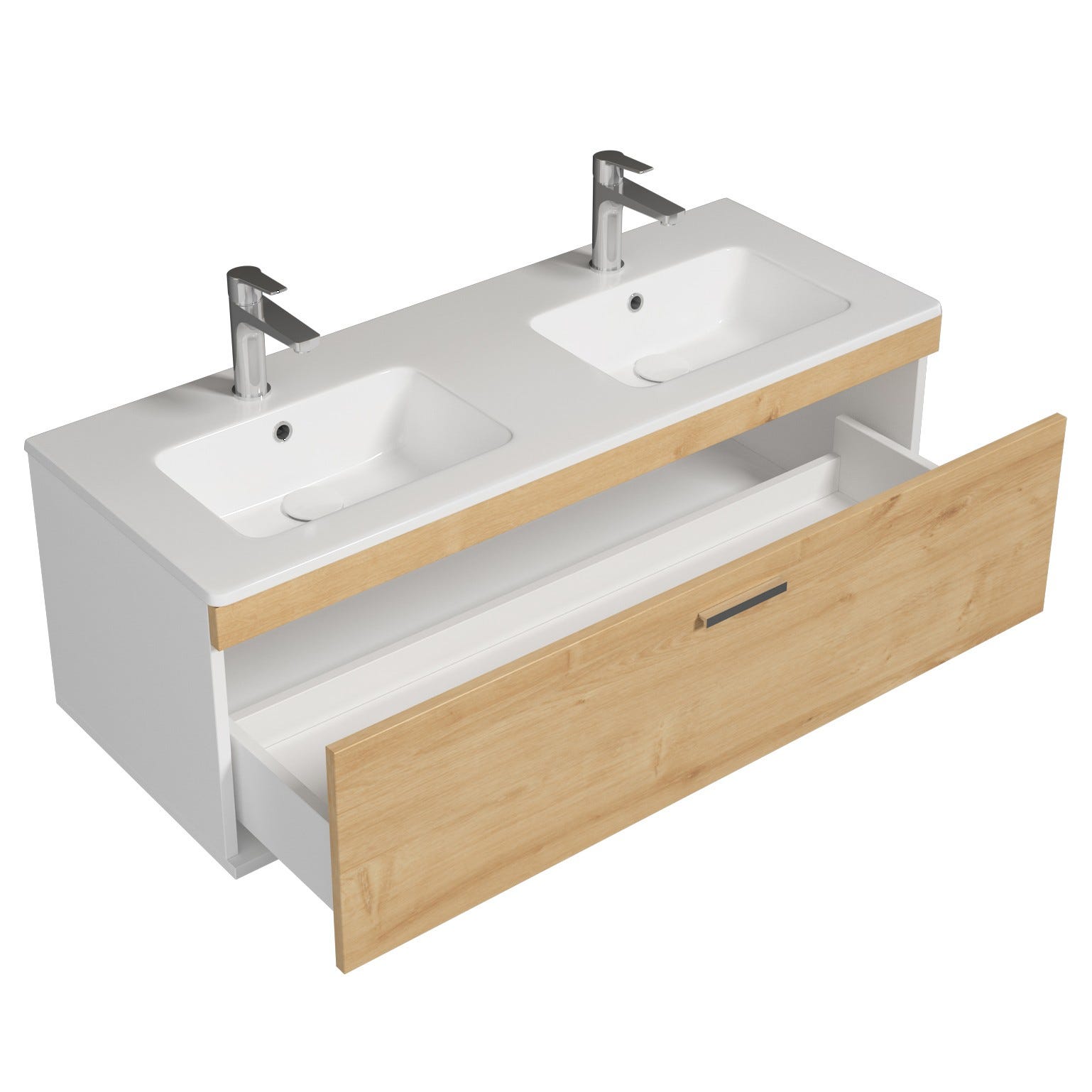 RUBITE Meuble salle de bain double vasque 1 tiroir chêne clair largeur 120 cm 1