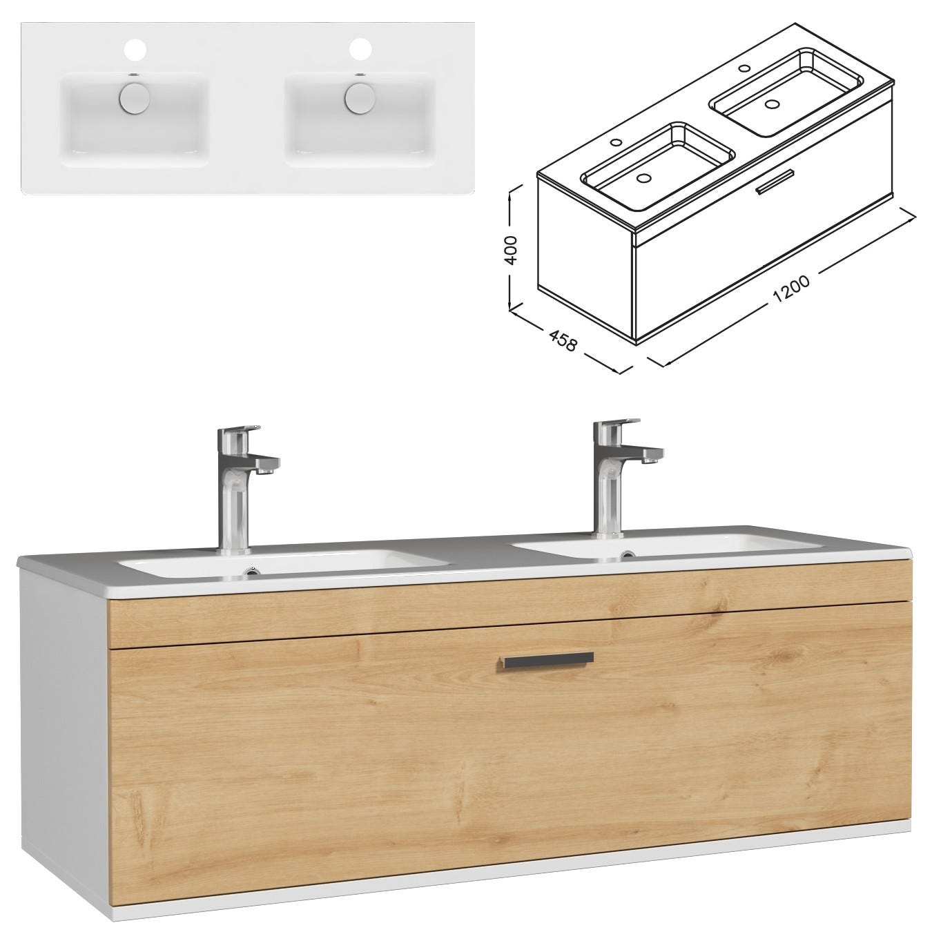 RUBITE Meuble salle de bain double vasque 1 tiroir chêne clair largeur 120 cm 2