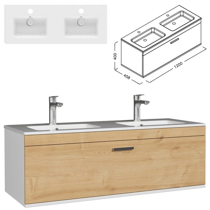 RUBITE Meuble salle de bain double vasque 1 tiroir chêne clair largeur 120 cm 2