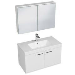 RUBITE Meuble salle de bain simple vasque 2 portes blanc largeur 90 cm + miroir armoire 0