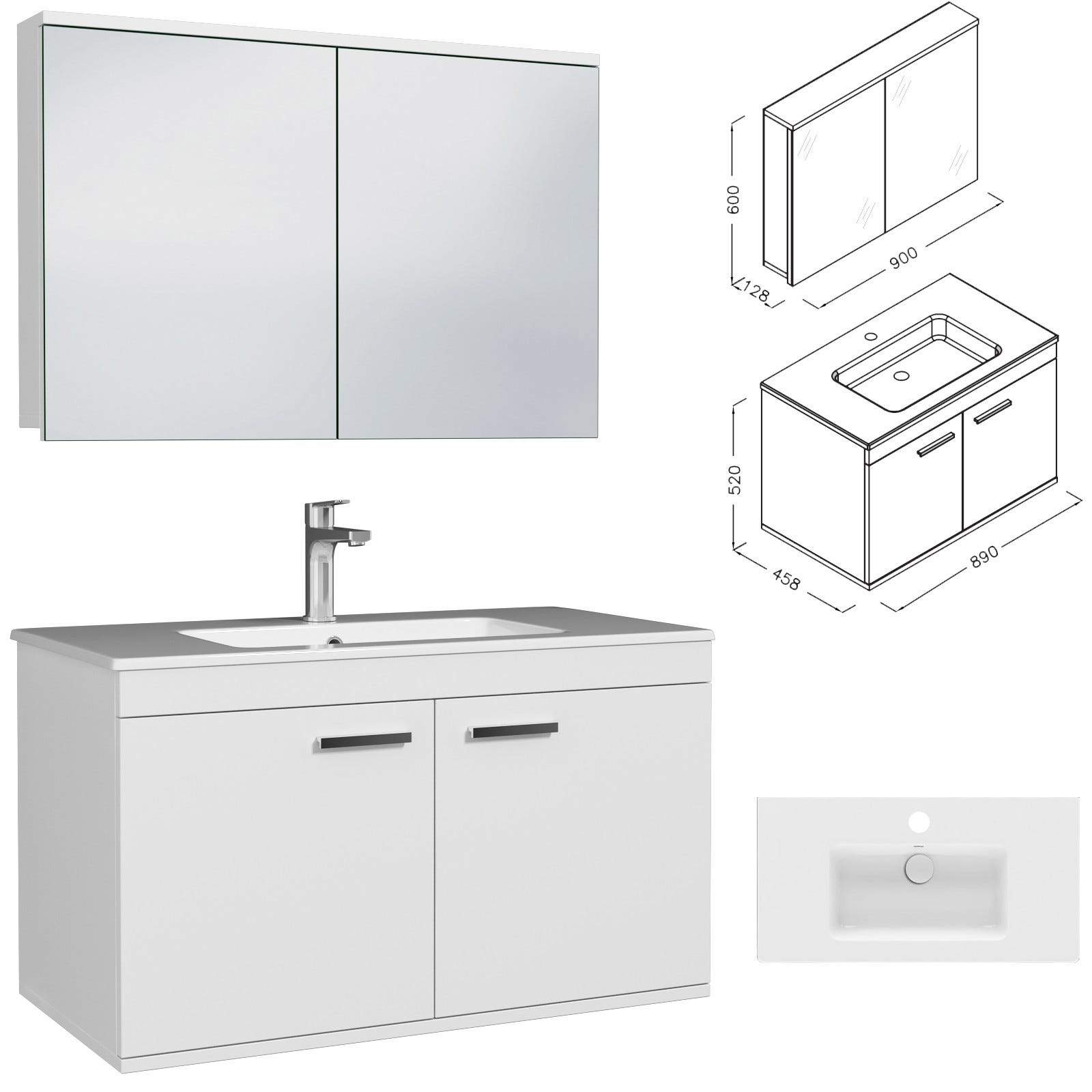 RUBITE Meuble salle de bain simple vasque 2 portes blanc largeur 90 cm + miroir armoire 2